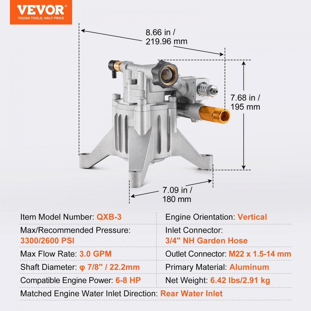 QXB-3 - 3300 PSI Vertical Pressure Washer Pump with 7/8" Shaft