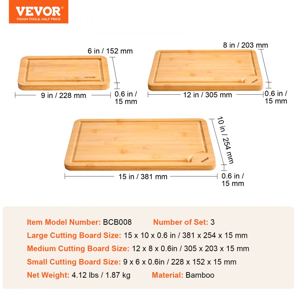 BCB008 - Set of 3 Durable Bamboo Cutting Boards with Juice Groove