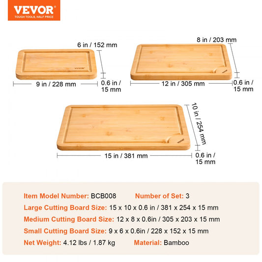 BCB008 - Set of 3 Durable Bamboo Cutting Boards with Juice Groove