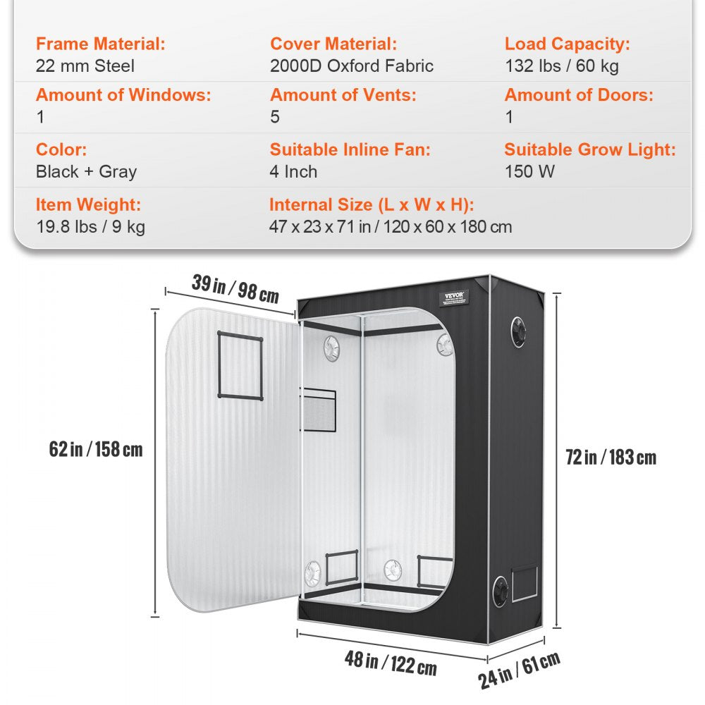 VVZZZP2000D - 48'' Grow Tent with Durable 2000D Fabric & Observation Window