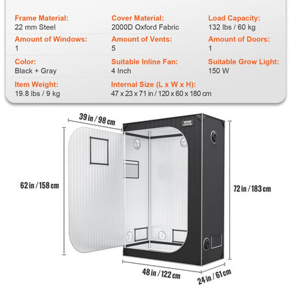VVZZZP2000D - 48'' Grow Tent with Durable 2000D Fabric & Observation Window
